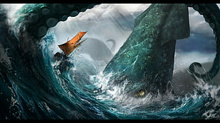 green Kraken painting, sea, squids, sailing ship, waves HD wallpaper