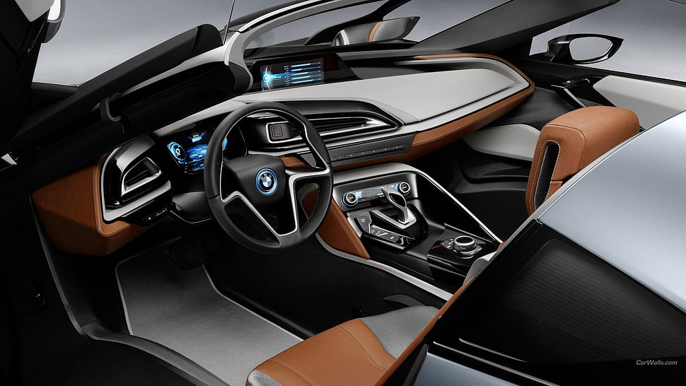 gray and brown BMW car interior, BMW i8, BMW, car interior, vehicle HD wallpaper