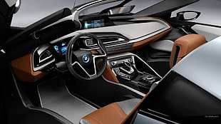 gray and brown BMW car interior, BMW i8, BMW, car interior, vehicle HD wallpaper