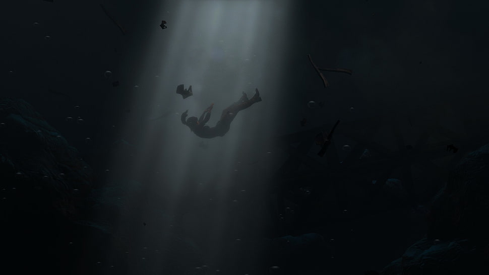 silhouette of person drowning, Rise of the Tomb Raider, Lara Croft, screen shot, video games HD wallpaper