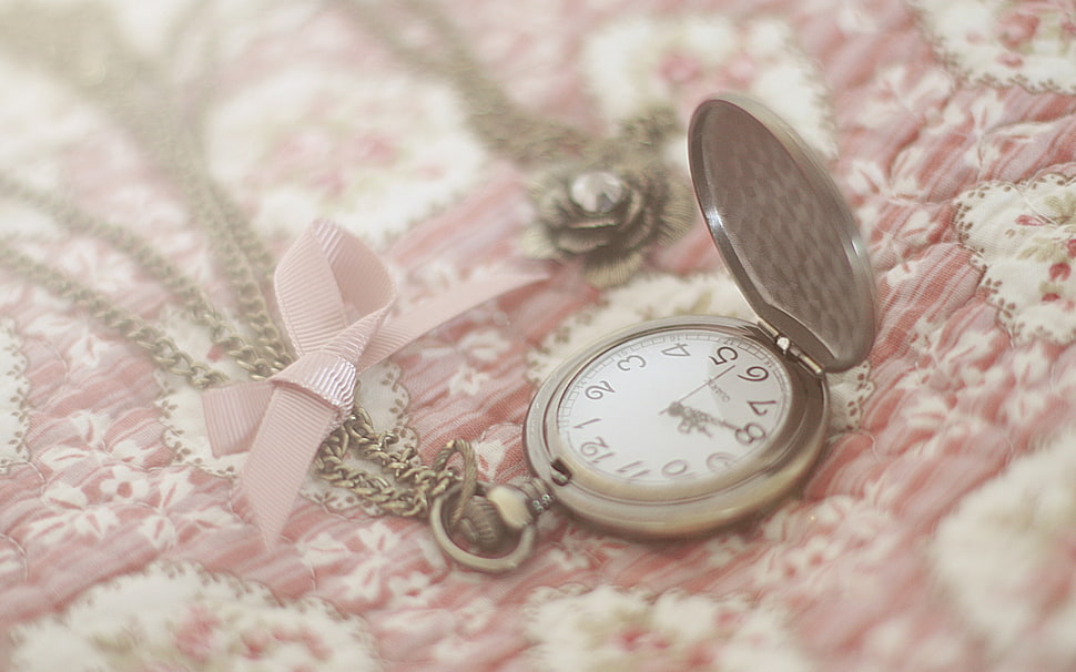 silver pocket watch with pink surface HD wallpaper