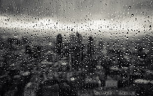 water drop on mirror, rain, city, monochrome, water drops HD wallpaper