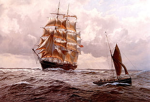 two white-and-brown sail boats painting, sailing ship, artwork, ship, sea