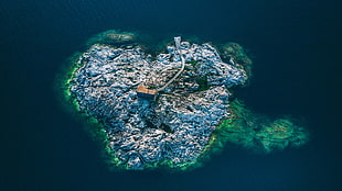 grey and green island, landscape, island, rocks, sea