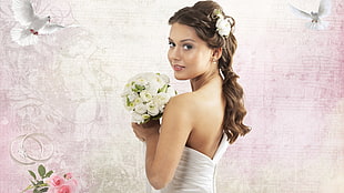 woman wearing white wedding gown holing bouquet of flowers