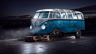 blue Volkswagen Kombi, dark, Volkswagen, blue, vehicle HD wallpaper
