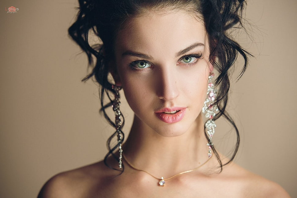 women's pair of silver-colored earrings, Alla Berger, women, model, face HD wallpaper