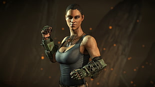 woman wearing black tank top with gun gauntlet illustration HD wallpaper