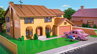 yellow and pink painted house, LEGO, The Simpsons HD wallpaper