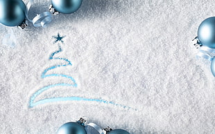 blue baubles ornaments, New Year, snow, Christmas ornaments , ribbon HD wallpaper