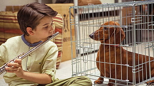 toddler playing flute in front of dachshund inside gray metal cage
