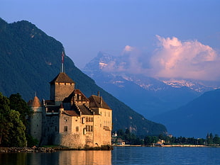 white concrete structure, castle, mountains, Switzerland, nature