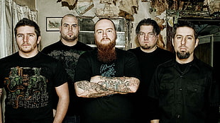 five men in black crew-neck tops posing for a photo HD wallpaper