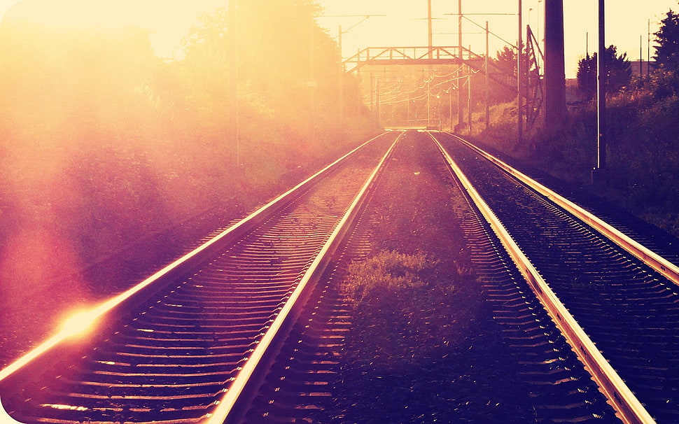 brown train rail, photography, sunset, sun rays, nature HD wallpaper