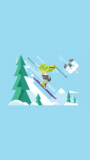 person ice skiing near tree and flying bird illustration, skiing, minimalism