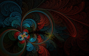 closeup photo of black, red, and teal abstract painting
