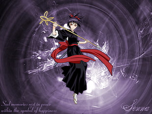 female anime character holding stick digital wallpaper