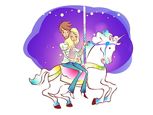 man and woman riding on unicorn illustration HD wallpaper