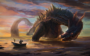dragon on body of water painting