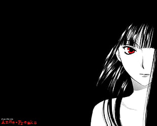 woman with red eyes and black hair anime character illustration
