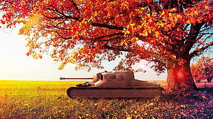 brown battle tank near tree during daytime HD wallpaper