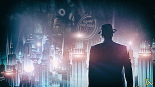 man in black suit standing in front of the buildings graphics, BioShock Infinite: Burial at Sea, BioShock, video games, cityscape