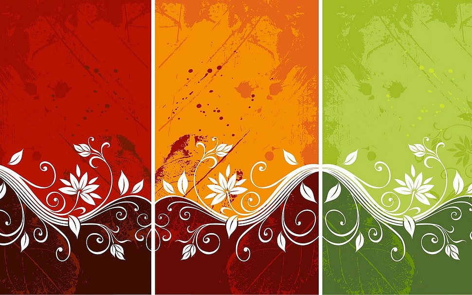 red, orange, and green abstract painting 3-panel decor, abstract, collage, nature, plants HD wallpaper