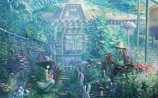 female at garden wearing hat anime digital wallpaper, digital art