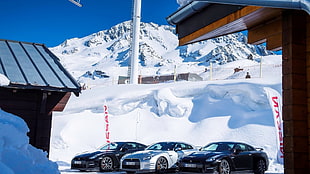 silver and black coupes, Nissan, Nissan GT-R, winter, car