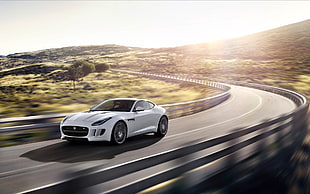 white sports coupe, Jaguar F-Type, car, road, motion blur