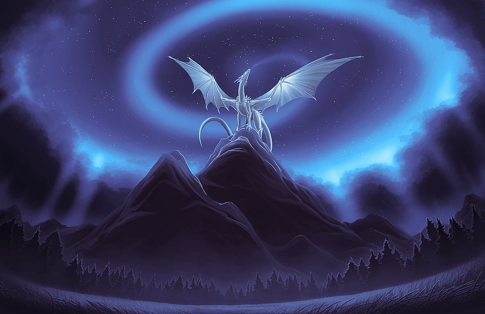 white dragon digital art, dragon, fantasy art HD wallpaper