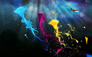 three blue, purple, and yellow kites wallpaper, fantasy art, kites, streaks, CMYK
