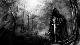 tree illustration, The Lord of the Rings, Nazgûl, monochrome, sword