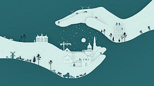 two hands with buildings digital wallpaper, cityscape, hands, arms, snow HD wallpaper