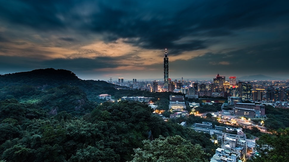 city buildings, architecture, cityscape, evening, clouds HD wallpaper