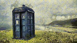 painting of phone booth, TARDIS, Doctor Who, The Doctor, Vincent van Gogh HD wallpaper