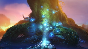 green and blue tree illustration, fantasy art, Ori and the Blind Forest, glowing, roots