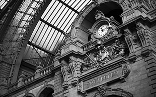 grayscale photography of building with clock, architecture, clocks, Belgium, Antwerpen HD wallpaper