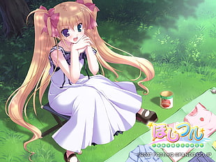white dressed yellow haired girl anime character sitting on grass