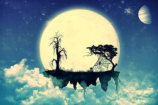 silhouette of tree on moon, abstract, floating island, silhouette, Moon