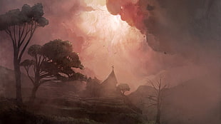 house surrounded by trees painting, lights, fantasy art, artwork, church