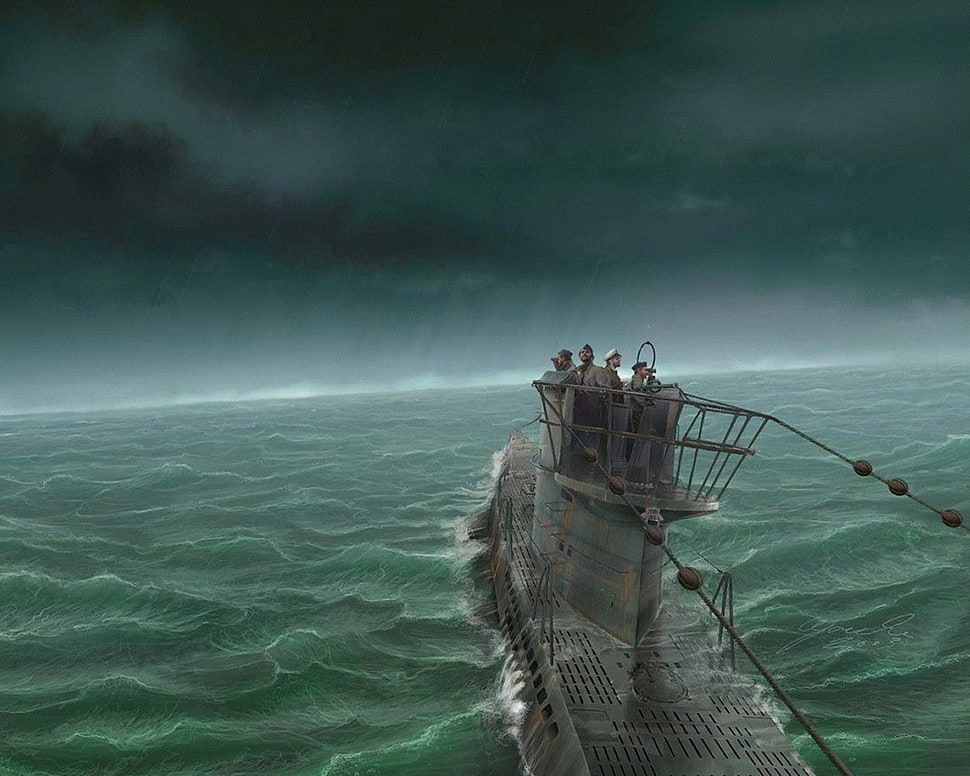 gray submarine, submarine, artwork, storm, sea HD wallpaper