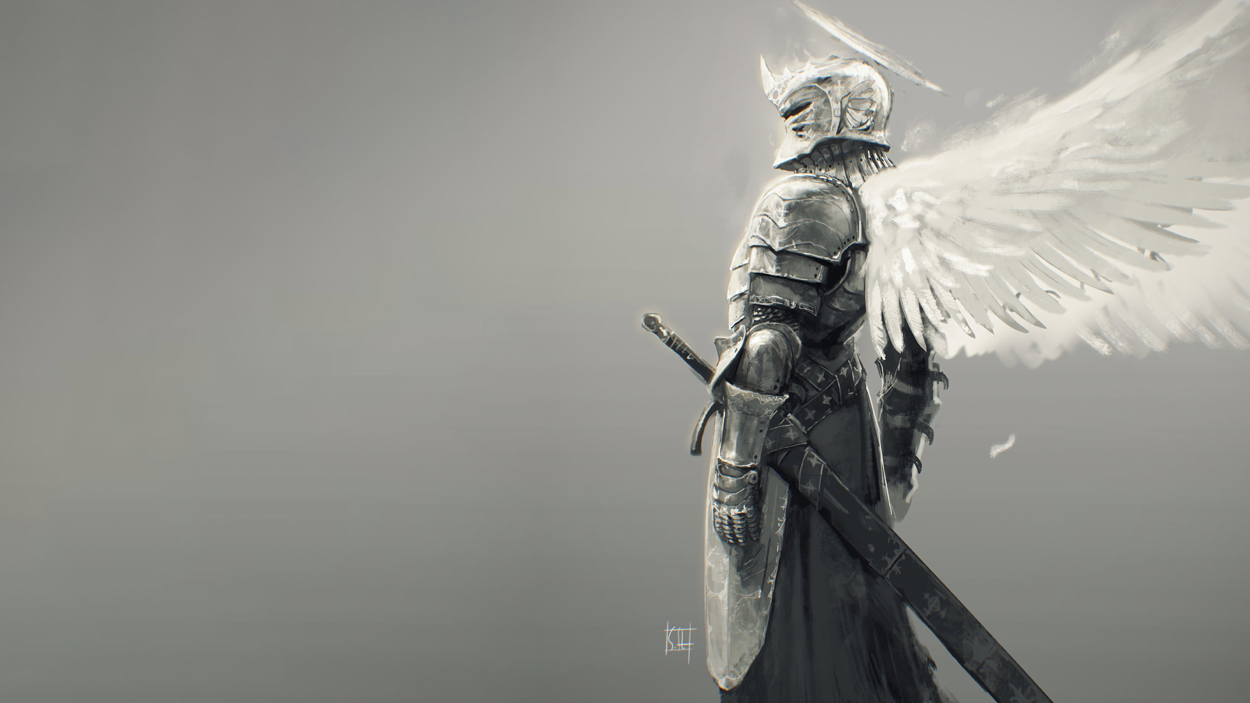 Medieval knight with wings and halo illustration HD wallpaper