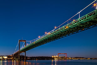green bridge near city skyline and sea during nighttime