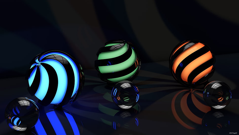 three ball blue, green, and orange decor HD wallpaper