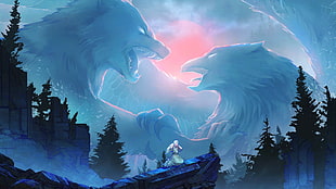 wolf versus hawk art, snow, titans, eagle, wolf HD wallpaper