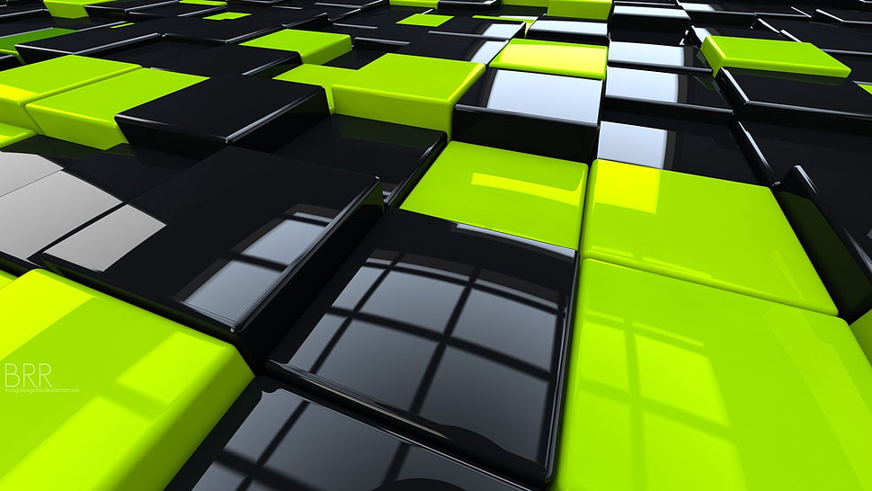 green, black, and white 3D tiles wallpaper HD wallpaper
