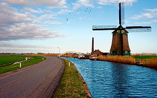 landscape photograph of windmill HD wallpaper