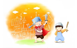 two boys wearing pan hats holding wooden swords illustration