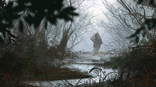 men's gray ghillie suit, sniper rifle, suppressors, painting, soldier HD wallpaper
